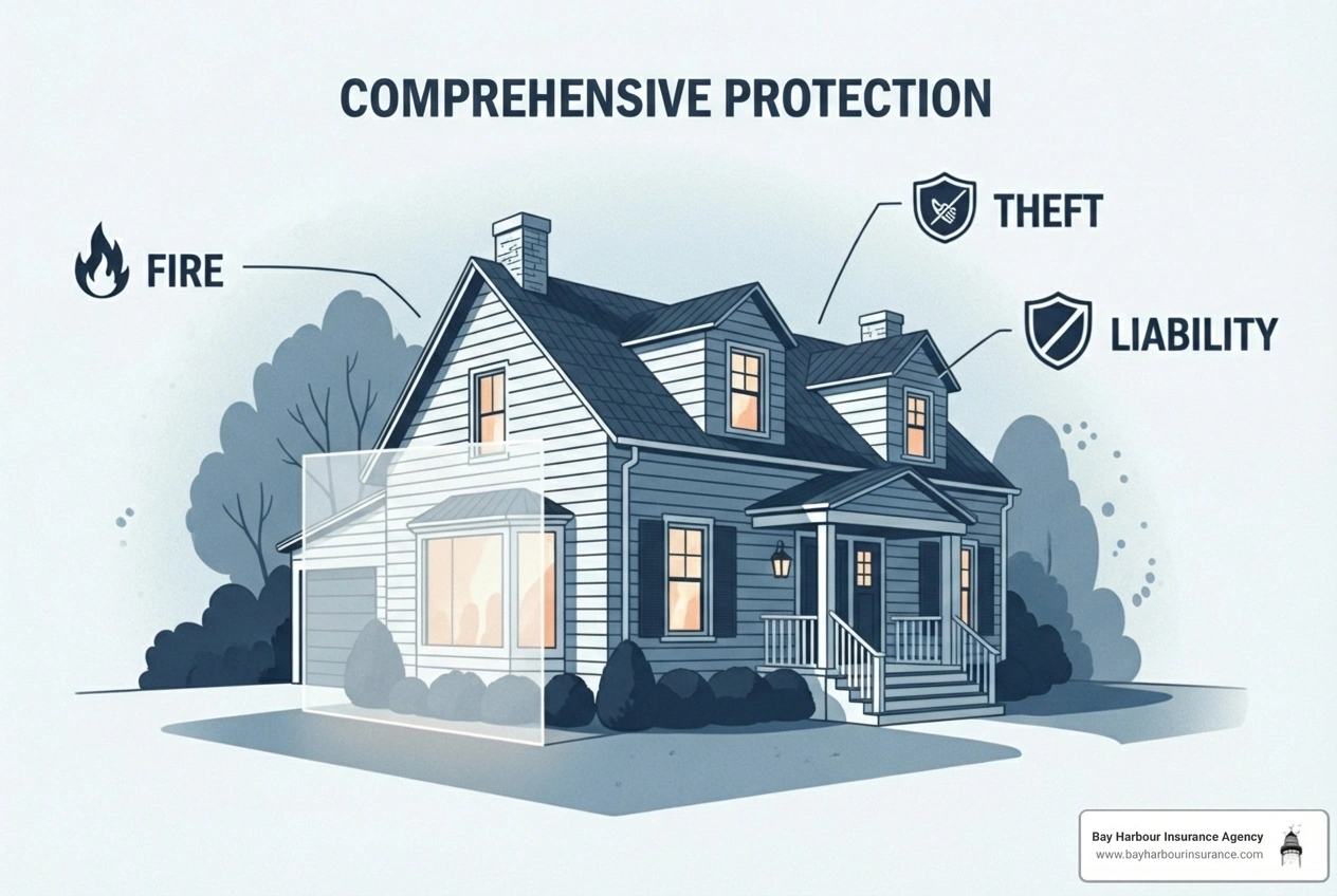 House with icons representing different coverages like fire, theft, and liability - typical homeowners insurance House with icons representing different coverages like fire, theft, and liability - typical homeowners insurance