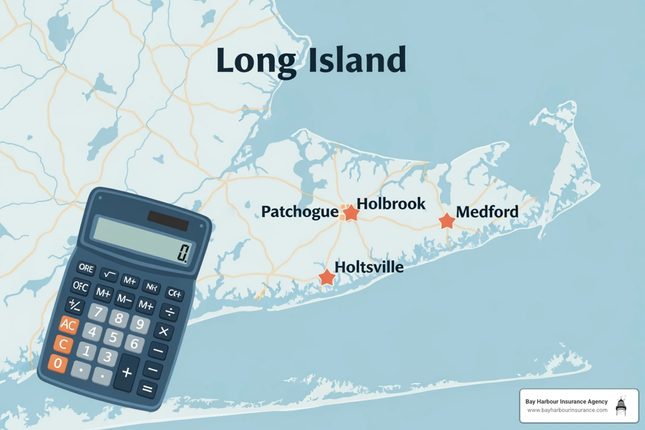 Calculator and a map of Long Island highlighting Patchogue, Holbrook, Holtsville, and Medford - typical homeowners insurance Calculator and a map of Long Island highlighting Patchogue, Holbrook, Holtsville, and Medford - typical homeowners insurance