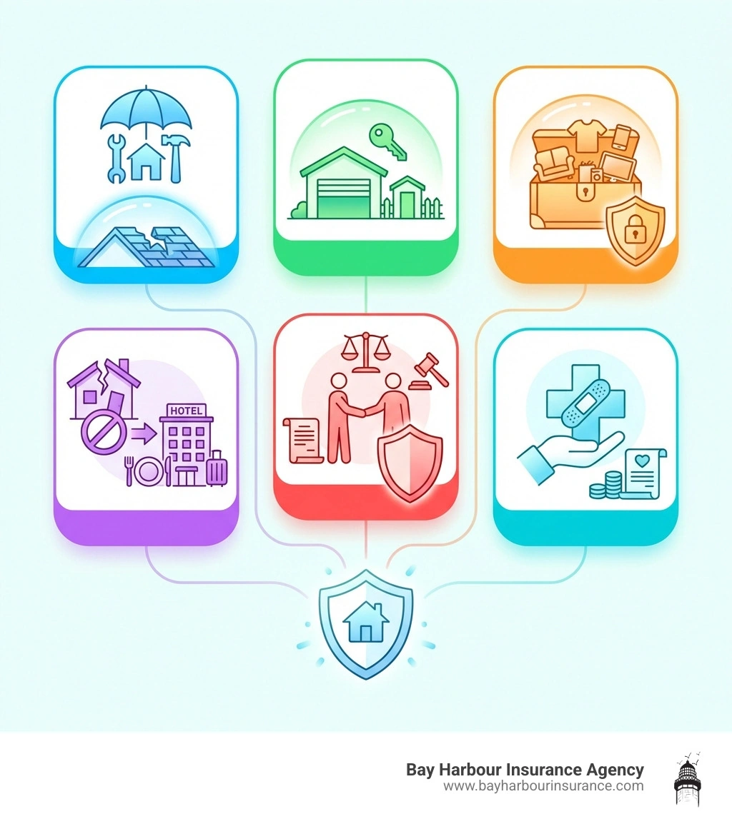 Infographic showing six core homeowners insurance coverages: dwelling coverage protects the structure, other structures covers detached buildings, personal property protects belongings, loss of use covers temporary housing, personal liability covers lawsuits, and medical payments covers guest injuries - typical homeowners insurance infographic Infographic showing six core homeowners insurance coverages: dwelling coverage protects the structure, other structures covers detached buildings, personal property protects belongings, loss of use covers temporary housing, personal liability covers lawsuits, and medical payments covers guest injuries - typical homeowners insurance infographic