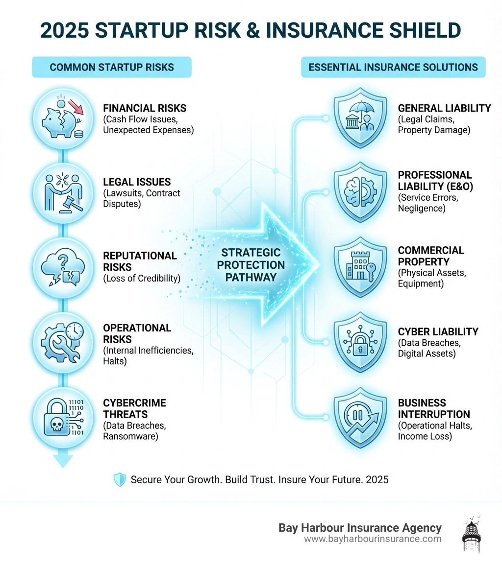 infographic showing the five most common risks startups face: financial risks like unexpected expenses and cash flow issues, legal issues including lawsuits and contract disputes, reputational risks from loss of credibility, operational risks from internal inefficiencies, and cybercrime threats with corresponding insurance solutions including general liability for legal claims, professional liability for service errors, commercial property for physical assets, cyber liability for data breaches, and business interruption for operational halts - startup business insurance infographic infographic showing the five most common risks startups face: financial risks like unexpected expenses and cash flow issues, legal issues including lawsuits and contract disputes, reputational risks from loss of credibility, operational risks from internal inefficiencies, and cybercrime threats with corresponding insurance solutions including general liability for legal claims, professional liability for service errors, commercial property for physical assets, cyber liability for data breaches, and business interruption for operational halts - startup business insurance infographic