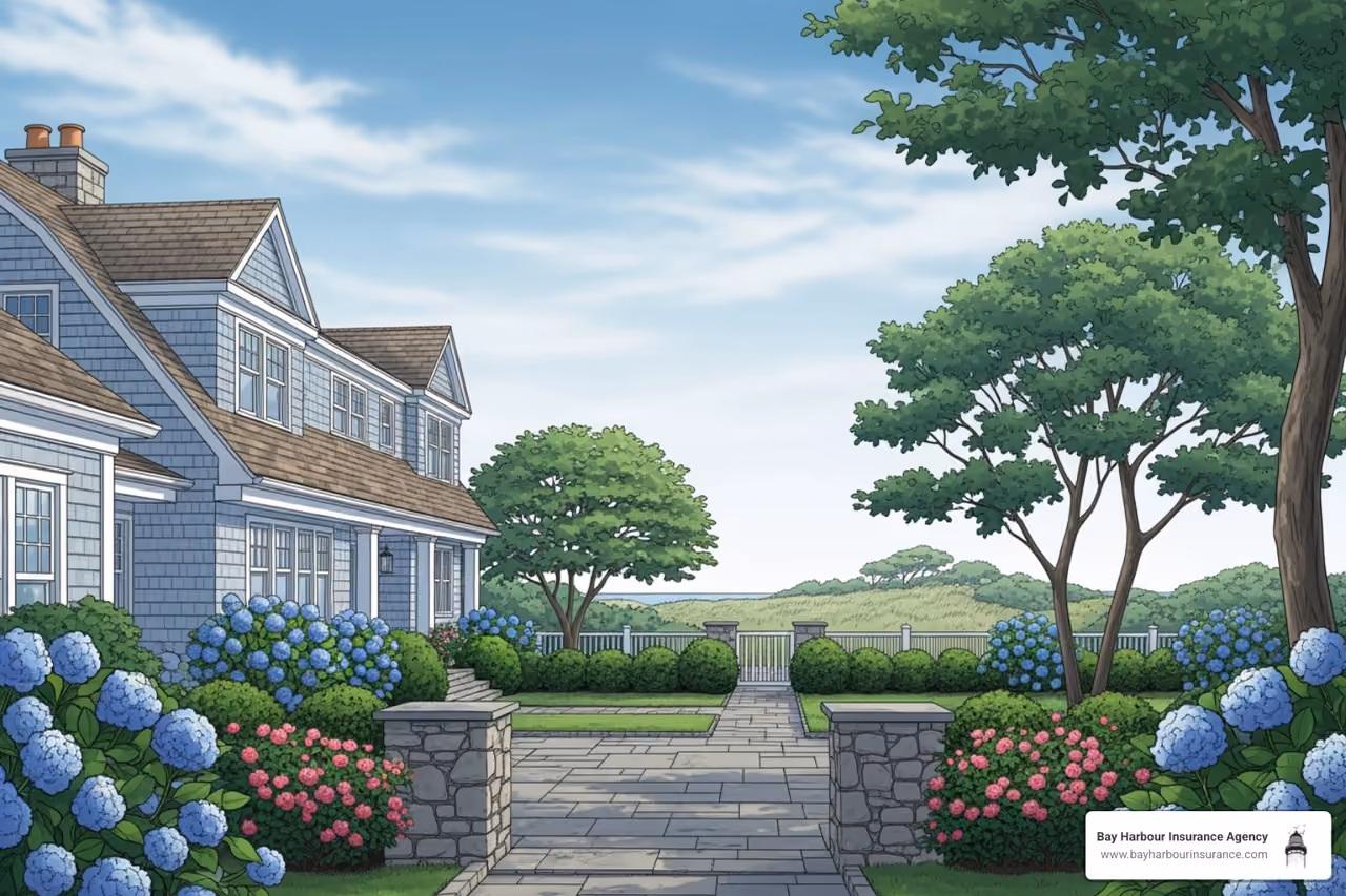illustration of long island home exterior and deck with hydrangeas