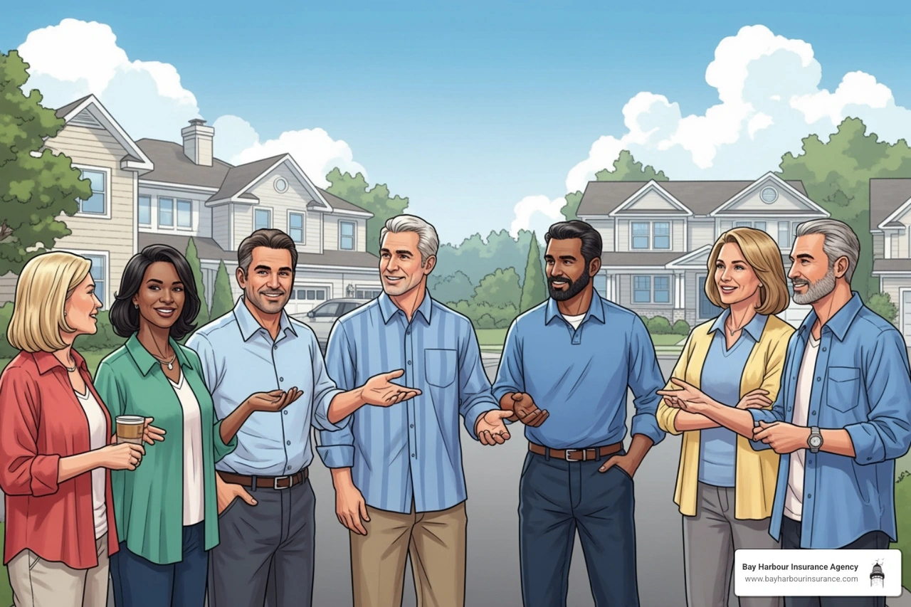 Diverse group of homeowners in a Patchogue neighborhood discussing their properties - best household insurance Diverse group of homeowners in a Patchogue neighborhood discussing their properties - best household insurance