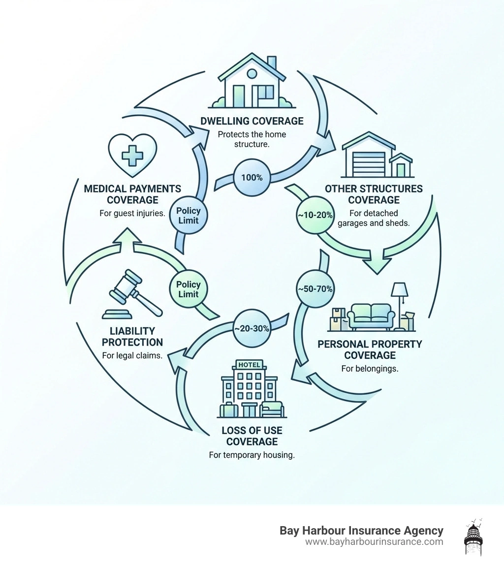 Infographic showing the six standard coverages in a homeowners insurance policy: Dwelling Coverage protecting the home structure, Other Structures Coverage for detached garages and sheds, Personal Property Coverage for belongings, Loss of Use Coverage for temporary housing, Liability Protection for legal claims, and Medical Payments Coverage for guest injuries. Each coverage type is illustrated with simple icons showing a house, garage, furniture, hotel, gavel, and first aid kit, arranged in a circular flow with percentage indicators showing typical coverage limits relative to dwelling coverage. - best household insurance infographic Infographic showing the six standard coverages in a homeowners insurance policy: Dwelling Coverage protecting the home structure, Other Structures Coverage for detached garages and sheds, Personal Property Coverage for belongings, Loss of Use Coverage for temporary housing, Liability Protection for legal claims, and Medical Payments Coverage for guest injuries. Each coverage type is illustrated with simple icons showing a house, garage, furniture, hotel, gavel, and first aid kit, arranged in a circular flow with percentage indicators showing typical coverage limits relative to dwelling coverage. - best household insurance infographic