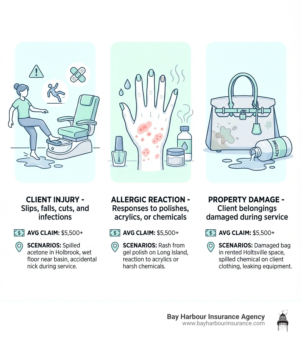 Infographic showing three main risks for nail technicians: On the left, a client slipping near a pedicure station labeled "Client Injury - Slips, falls, cuts, and infections"; in the center, a hand with a rash labeled "Allergic Reaction - Responses to polishes, acrylics, or chemicals"; on the right, a damaged designer handbag with spilled acetone labeled "Property Damage - Client belongings damaged during service". Each section includes average claim costs and common scenarios specific to Long Island nail salons. - nail tech insurance infographic 