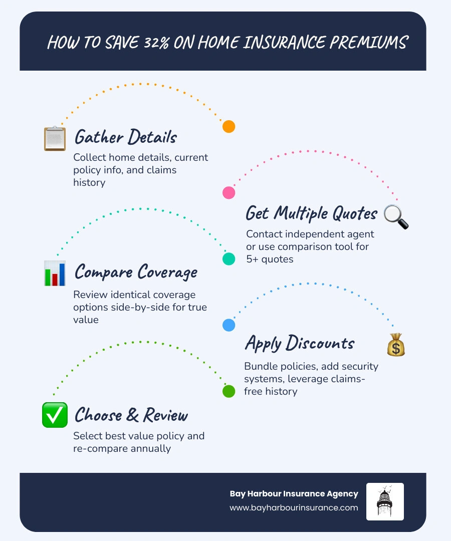 infographic showing step by step process to save 32% on home insurance premiums: 1. gather home details and current policy, 2. contact independent agent or use comparison tool, 3. compare 5+ quotes for identical coverage, 4. review discounts for bundling security systems and claims-free history, 5. select policy with best value not just lowest price, 6. review annually and re-compare - cheapest home insurance quote infographic infographic-line-5-steps-blues-accent_colors
