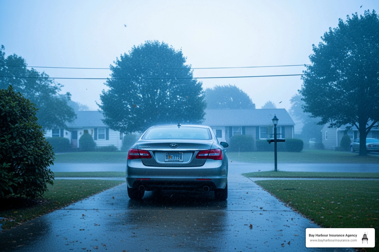 A car safely parked in a driveway during a Long Island storm with blue and white tones - car insurance quotes near me