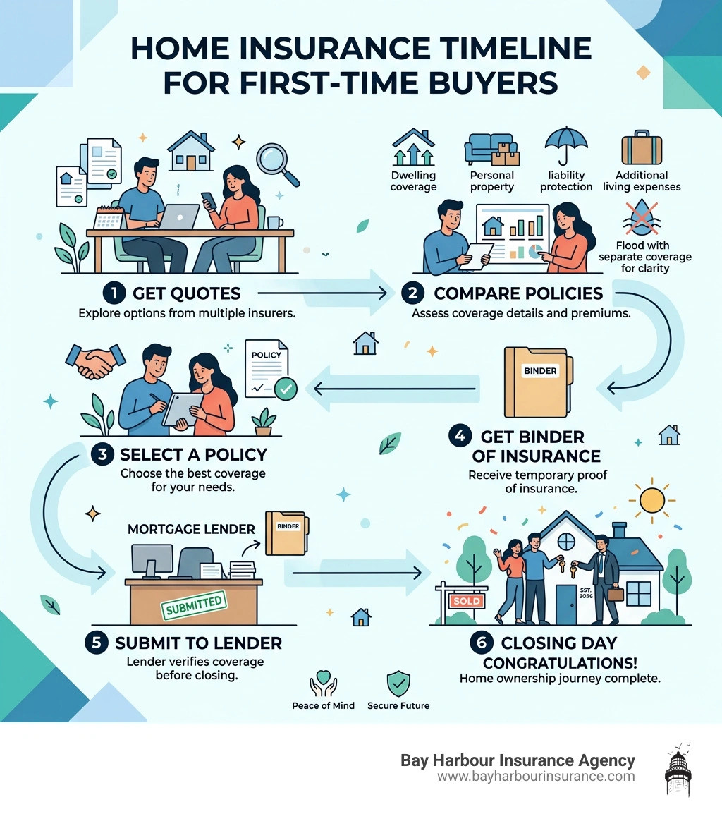Infographic showing home insurance timeline from getting a quote to closing day for first time buyers - best home insurance Infographic showing home insurance timeline from getting a quote to closing day for first time buyers - best home insurance