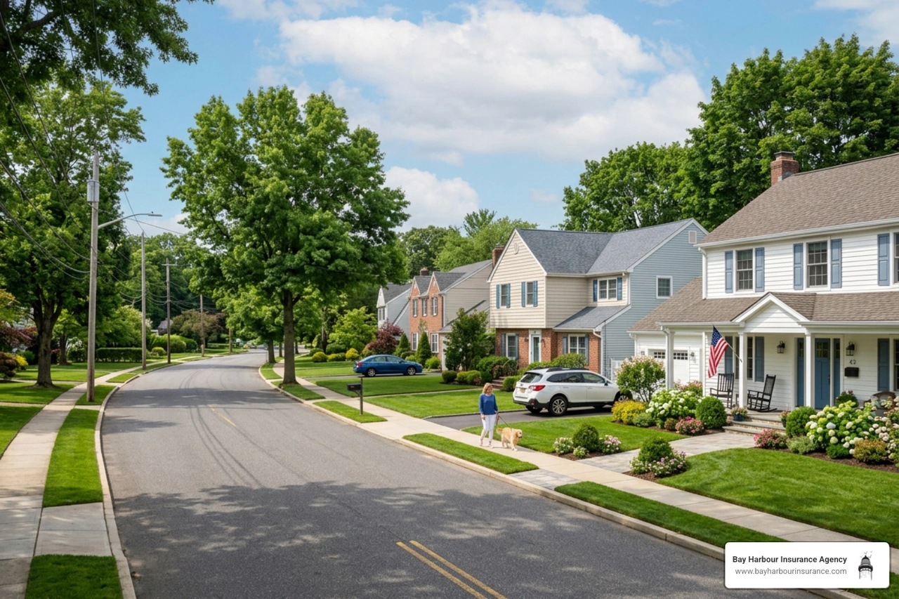 A peaceful suburban street on Long Island with well-maintained homes and lush green trees - best home insurance for first A peaceful suburban street on Long Island with well-maintained homes and lush green trees - best home insurance for first