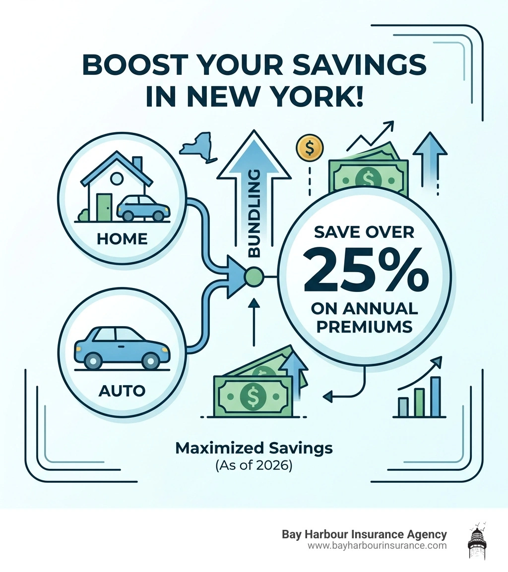 Infographic showing that bundling home and auto insurance in New York can save drivers over 25% on their annual premiums