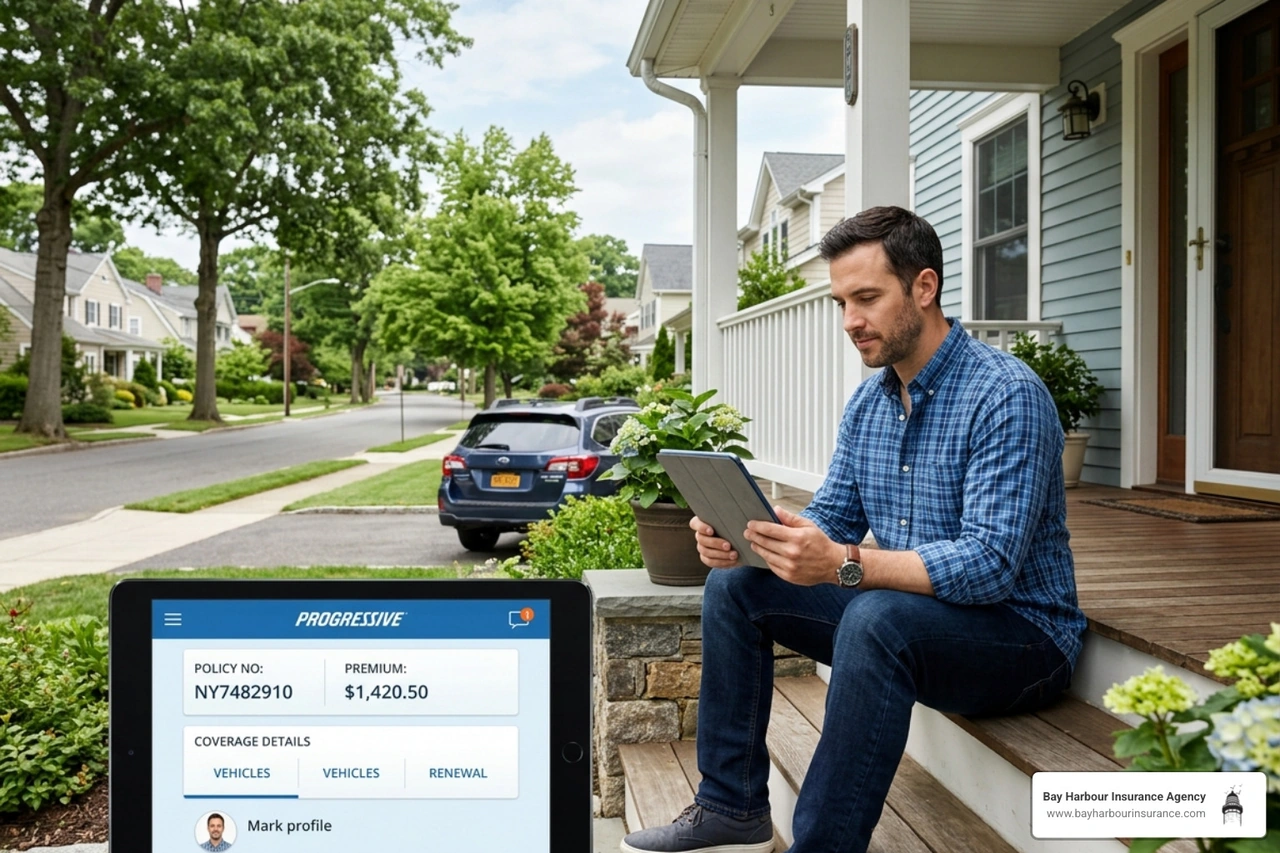 A driver in a quiet Medford neighborhood reviewing insurance documents on a digital tablet with a calm blue interface