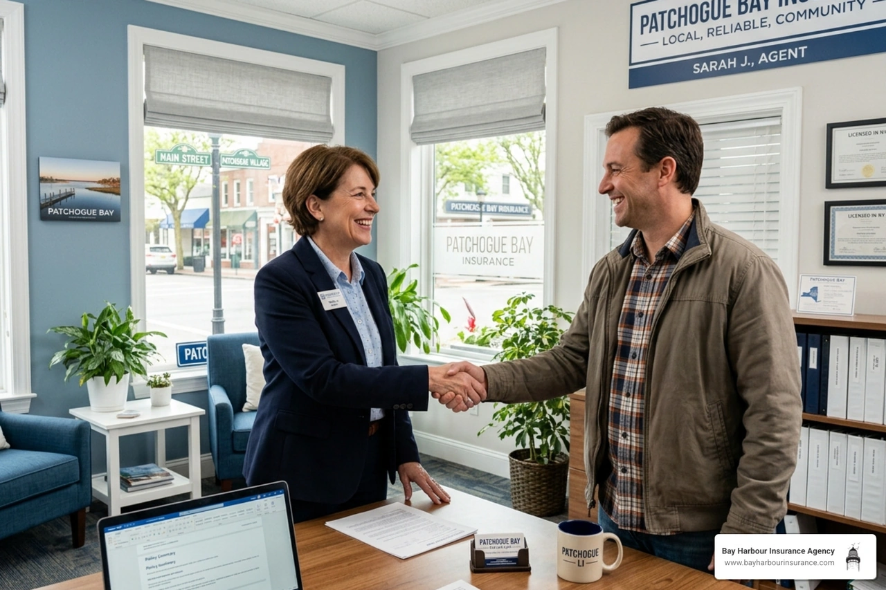 A friendly local insurance agent in a bright Patchogue office shaking hands with a smiling client, surrounded by calming