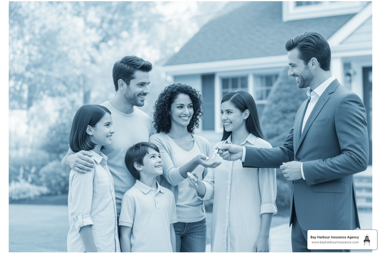 home buyers insurance family receiving keys new home Long Island