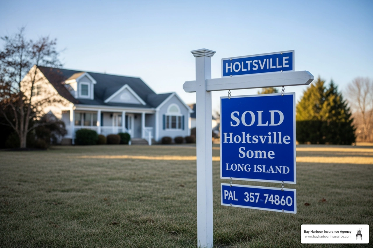 Sold sign in a Holtsville yard with a house in the background
