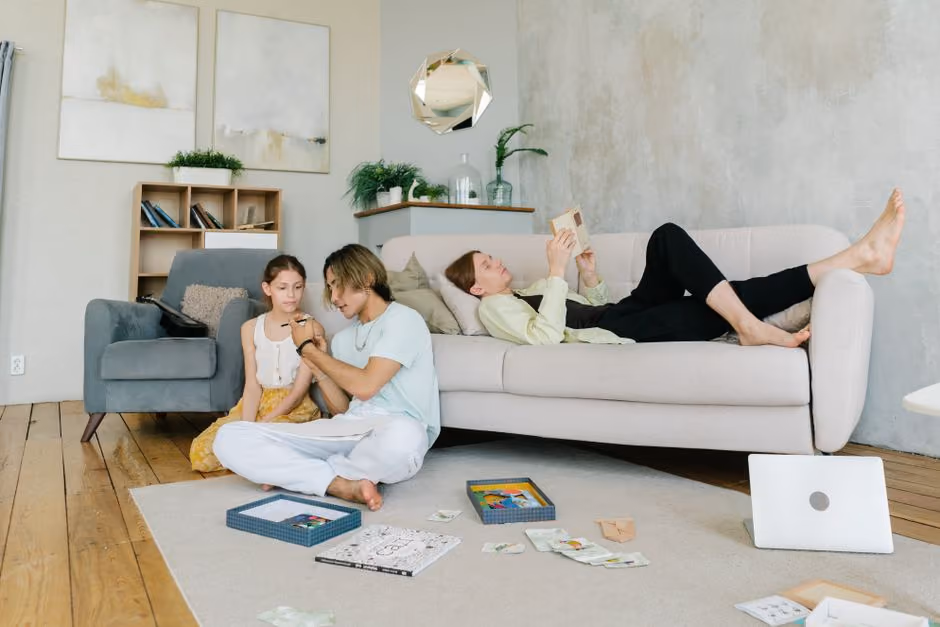 Illustration of a family relaxing in their cozy living room in Medford New York