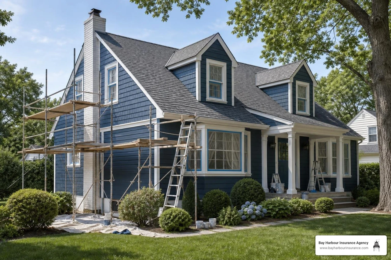 Subtle illustration of a classic home under renovation in Holbrook Long Island