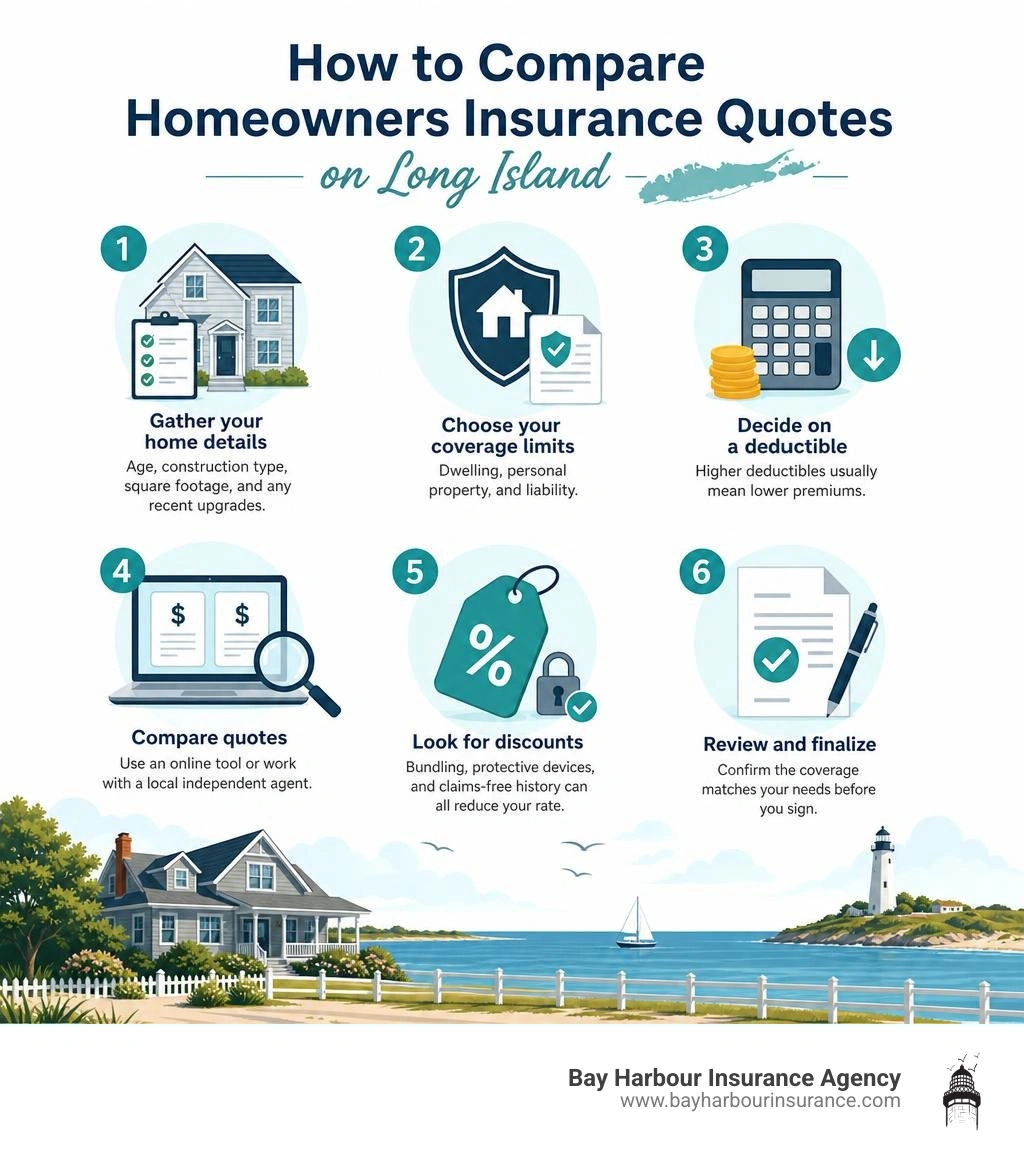 Step-by-step infographic: how to compare homeowners insurance quotes on Long Island infographic