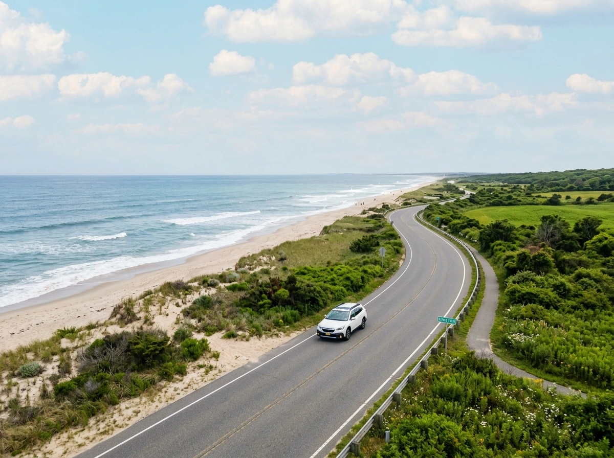 automobile insurance policy car driving on Long Island coastal road - automobile insurance policy