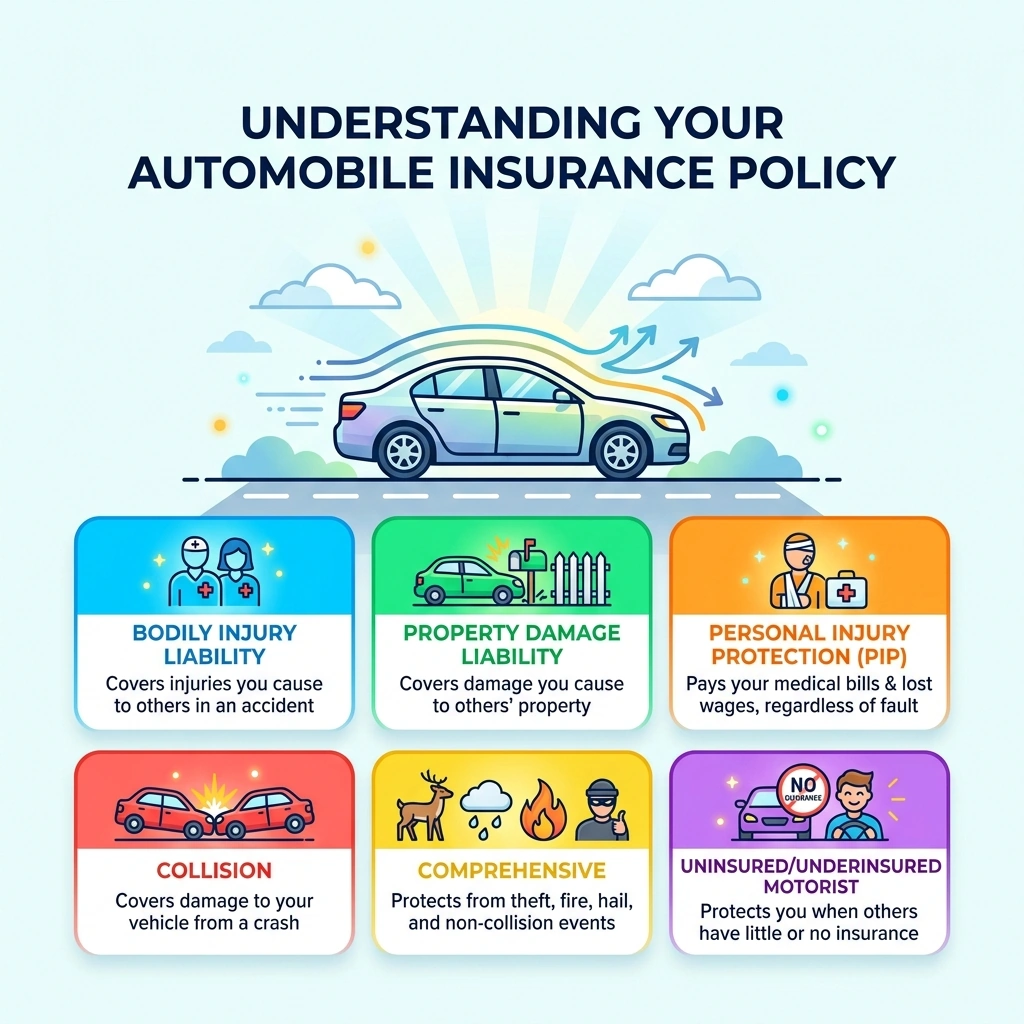 Infographic showing basic structure of an automobile insurance policy with coverage types and their purposes - automobile