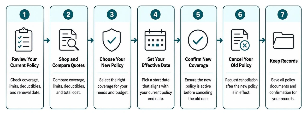 Diagram showing the step by step process to switch home insurance providers without coverage gaps