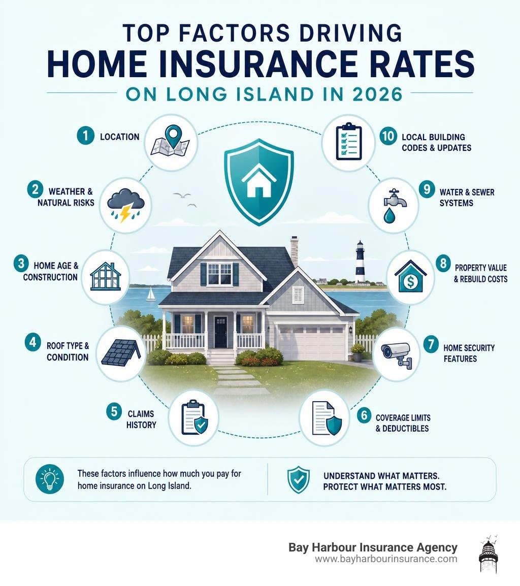 Infographic showing top factors driving home insurance rates on Long Island in 2026 infographic