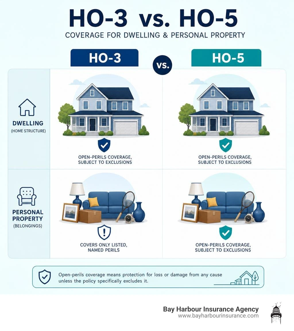 HO-3 versus HO-5 coverage for dwelling and personal property infographic HO-3 versus HO-5 coverage for dwelling and personal property infographic