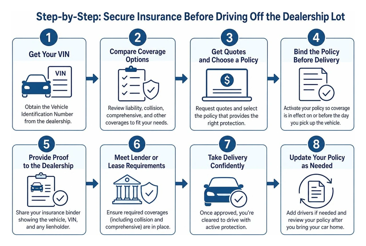Step-by-step process of securing insurance prior to driving off the dealership lot Step-by-step process of securing insurance prior to driving off the dealership lot