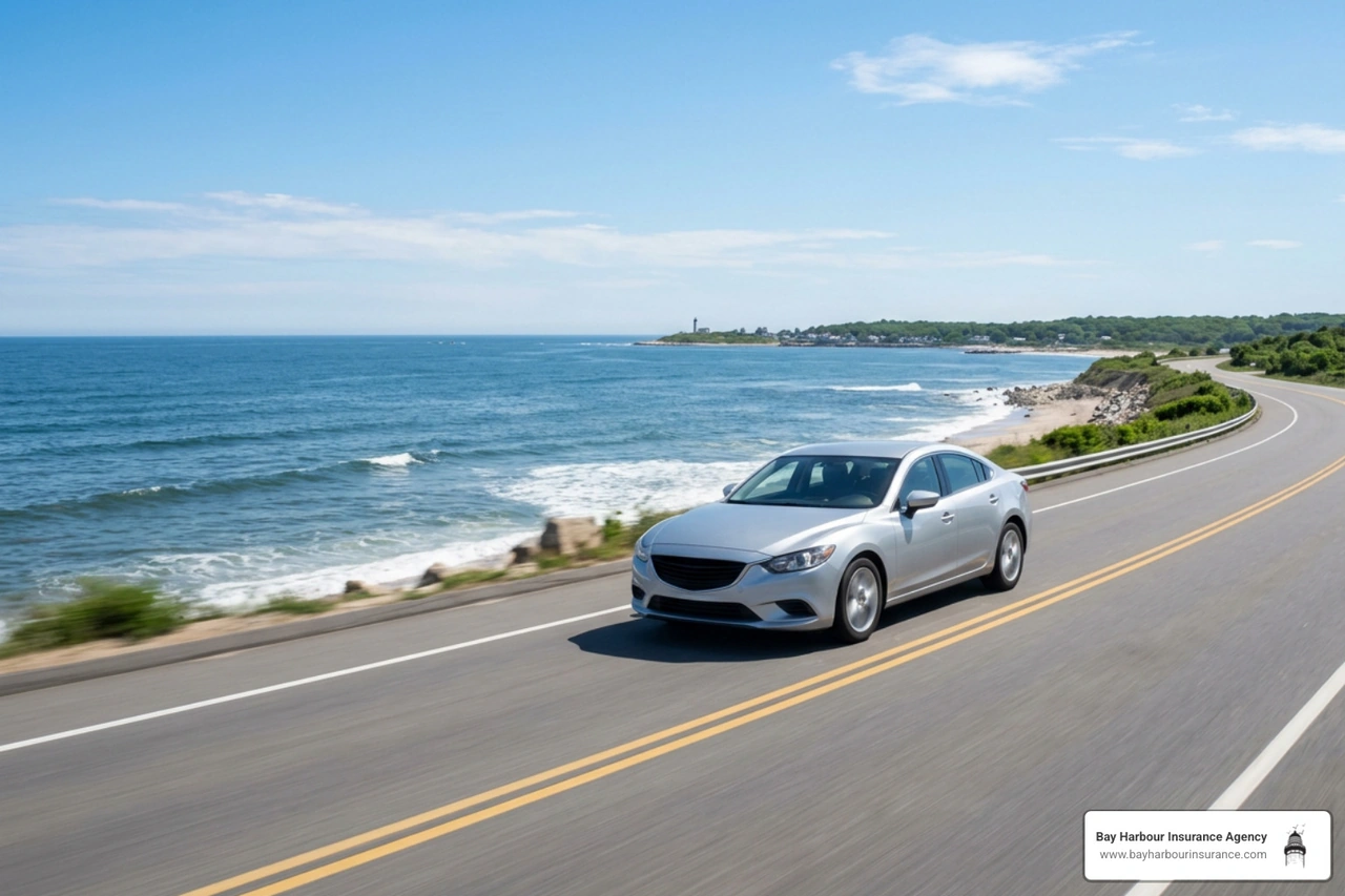 A sleek modern vehicle driving along a picturesque Long Island scenic roadway A sleek modern vehicle driving along a picturesque Long Island scenic roadway