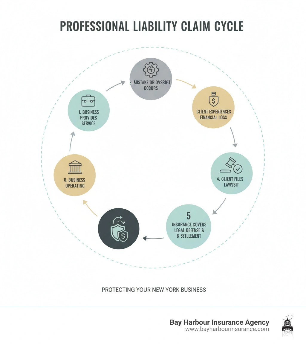 Infographic showing the professional liability claim cycle: Business provides service to client, mistake or oversight occurs, client experiences financial loss, client files lawsuit against business, professional liability insurance covers legal defense and settlement costs, business continues operating - Professional Liability / E And O Insurance infographic Infographic showing the professional liability claim cycle: Business provides service to client, mistake or oversight occurs, client experiences financial loss, client files lawsuit against business, professional liability insurance covers legal defense and settlement costs, business continues operating - Professional Liability / E And O Insurance infographic