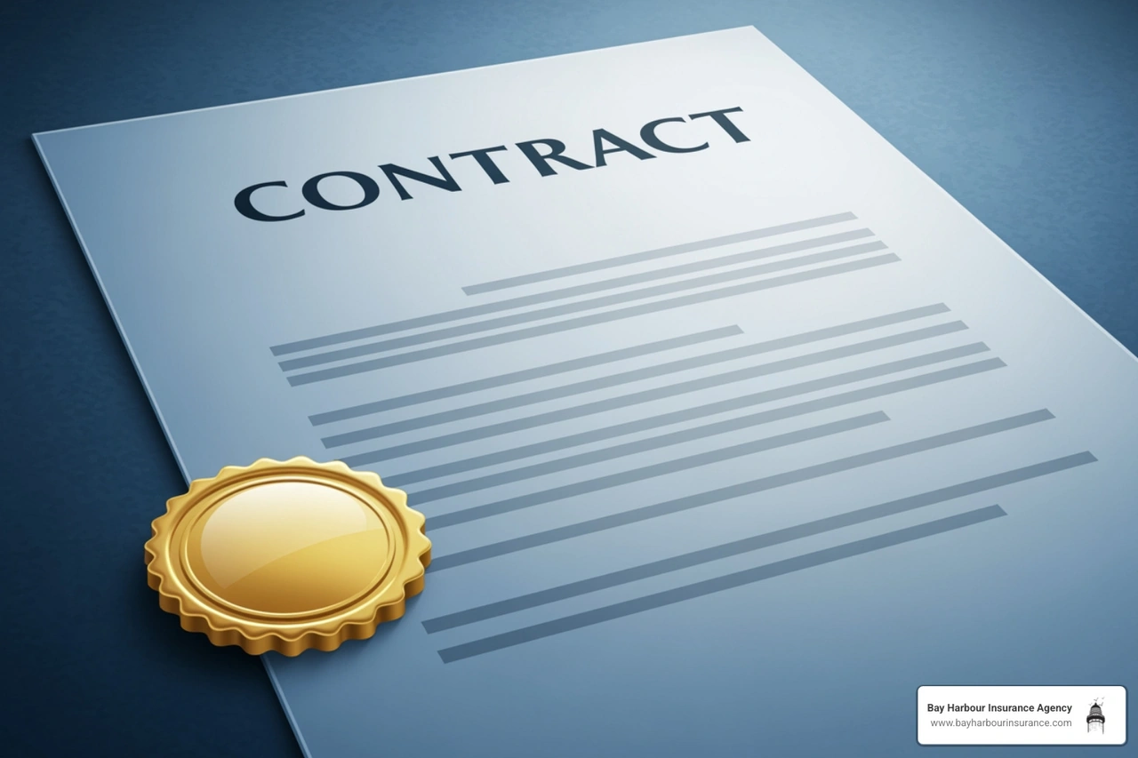 a legal contract with a corporate gold seal on a dark blue background - bonded and insured