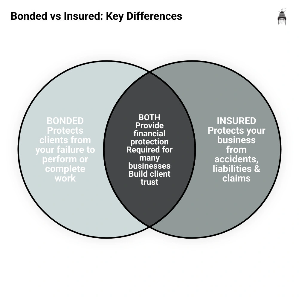 infographic showing three sections: left section labeled "Bonded" with a three-way handshake icon and text "Protects clients from incomplete work - Business must repay claims - Three-party agreement"; middle section labeled "Insured" with a shield icon and text "Protects your business from accidents - Insurance pays covered claims - Two-party agreement"; right section labeled "Why Both Matter" with checkmark icons listing "Meet New York licensing requirements - Win more Long Island clients - Comprehensive protection" - bonded and insured infographic venn_diagram