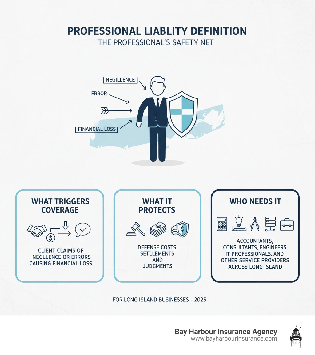 infographic showing a professional services provider shielded from lawsuit arrows, with three main sections: 1) What triggers coverage - client claims of negligence or errors causing financial loss, 2) What it protects - defense costs, settlements, and judgments, 3) Who needs it - accountants, consultants, engineers, IT professionals, and other service providers across Long Island - Professional liability definition infographic infographic showing a professional services provider shielded from lawsuit arrows, with three main sections: 1) What triggers coverage - client claims of negligence or errors causing financial loss, 2) What it protects - defense costs, settlements, and judgments, 3) Who needs it - accountants, consultants, engineers, IT professionals, and other service providers across Long Island - Professional liability definition infographic