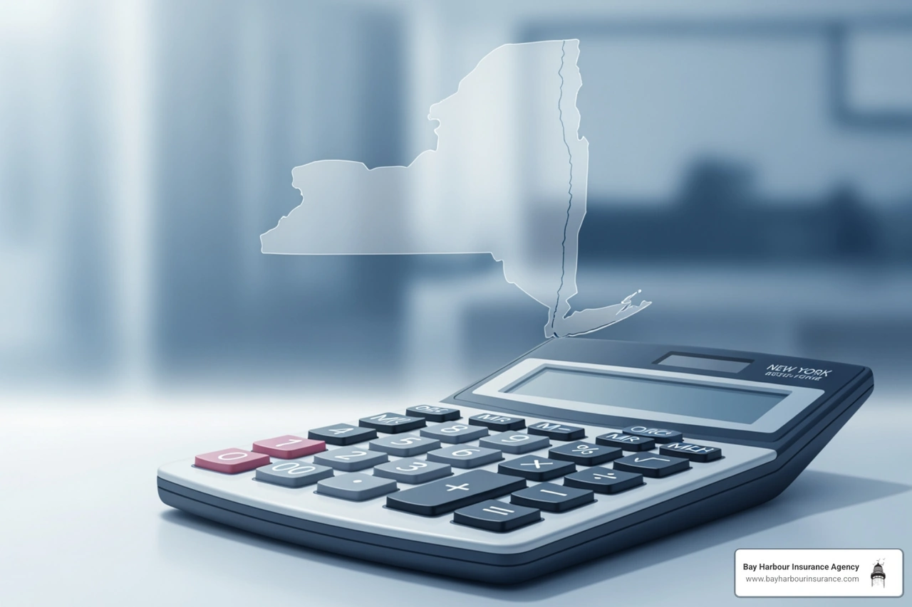 calculator with a New York state outline in the background - Professional liability definition calculator with a New York state outline in the background - Professional liability definition