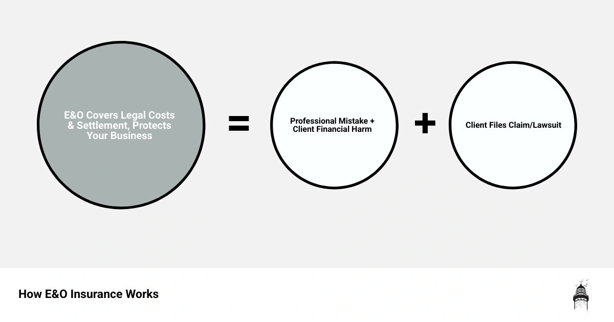 infographic showing how E&O insurance works: a professional makes a mistake, client suffers financial loss, client files claim, E&O policy covers legal defense and settlement costs, protecting the business owner's personal assets and allowing them to continue operating - e&o liability insurance infographic sum_of_parts infographic showing how E&O insurance works: a professional makes a mistake, client suffers financial loss, client files claim, E&O policy covers legal defense and settlement costs, protecting the business owner's personal assets and allowing them to continue operating - e&o liability insurance infographic sum_of_parts
