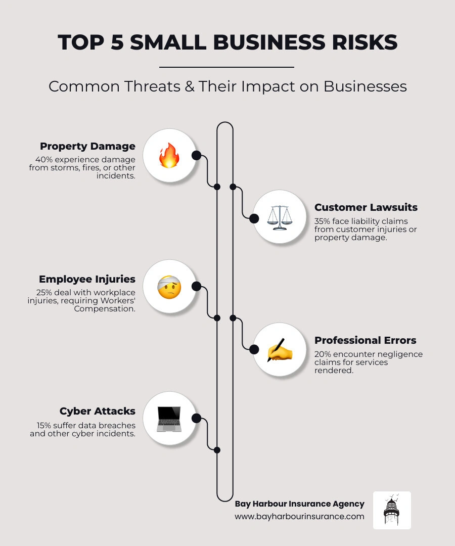 infographic showing the top 5 business risks: customer lawsuits from injuries, property damage from storms and fires, employee workplace injuries, professional errors and negligence claims, and cyber attacks and data breaches, with icons for each risk and percentage statistics showing 40% of small businesses experience property damage, 35% face liability claims, 25% deal with employee injuries, 20% encounter professional liability issues, and 15% suffer cyber incidents - Business Insurance infographic infographic-line-5-steps-elegant_beige infographic showing the top 5 business risks: customer lawsuits from injuries, property damage from storms and fires, employee workplace injuries, professional errors and negligence claims, and cyber attacks and data breaches, with icons for each risk and percentage statistics showing 40% of small businesses experience property damage, 35% face liability claims, 25% deal with employee injuries, 20% encounter professional liability issues, and 15% suffer cyber incidents - Business Insurance infographic infographic-line-5-steps-elegant_beige
