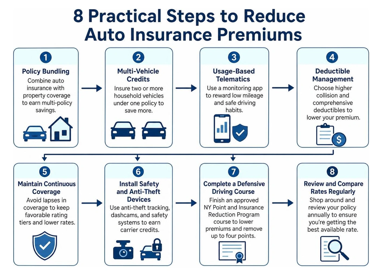 Diagram showing practical steps to reduce auto insurance premiums Diagram showing practical steps to reduce auto insurance premiums