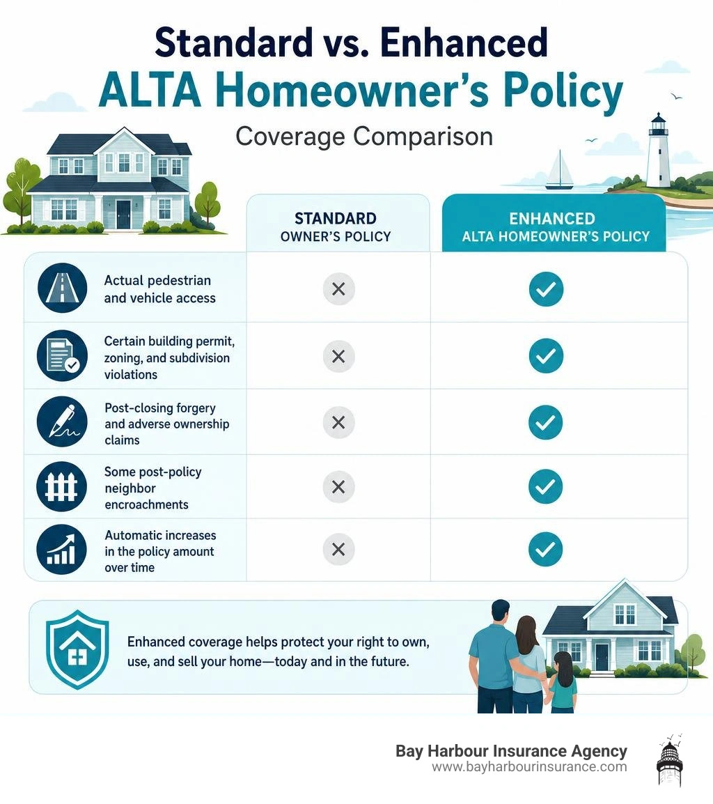 Standard versus enhanced ALTA title insurance coverage comparison infographic Standard versus enhanced ALTA title insurance coverage comparison infographic