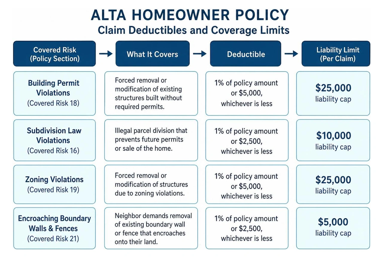 ALTA Homeowner Policy claim deductibles and coverage limits ALTA Homeowner Policy claim deductibles and coverage limits