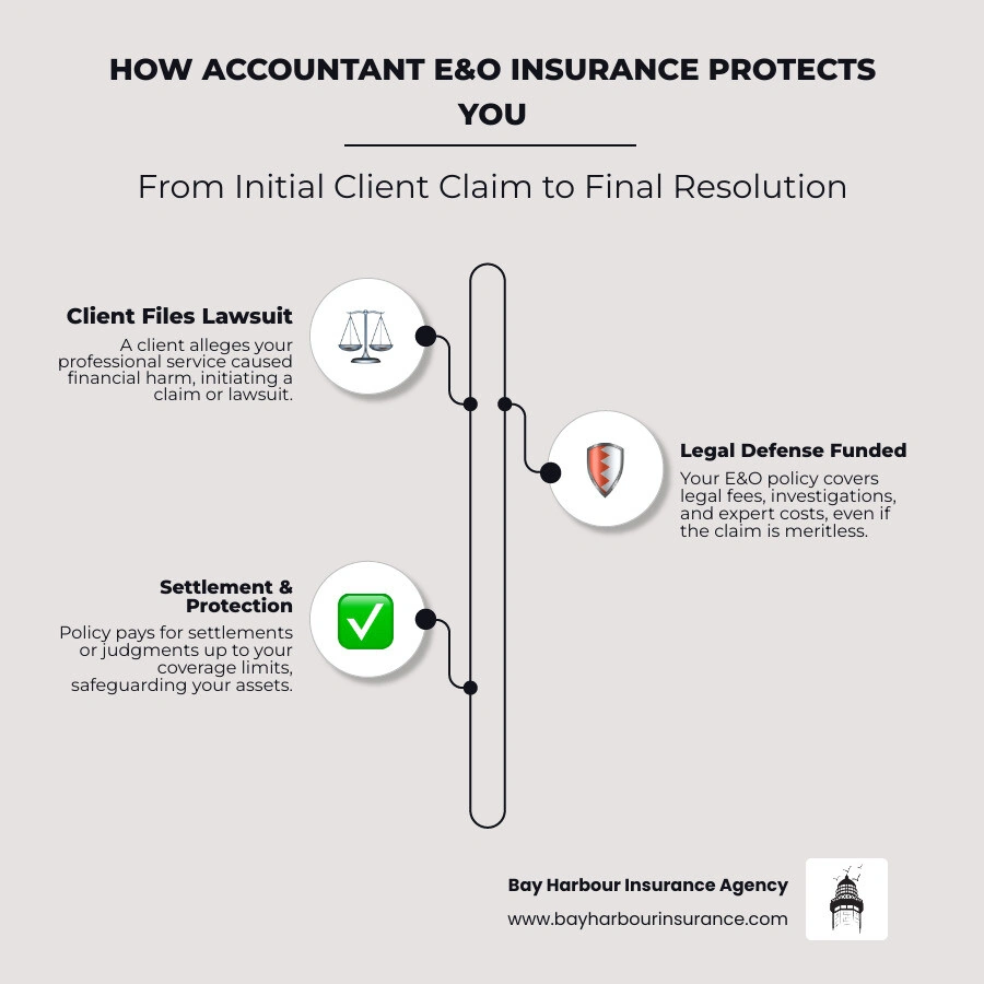 Infographic showing the flow of an Accountant E&O insurance claim from client lawsuit filing through legal defense to final settlement or judgment, with coverage limits protecting the accountant's assets at each stage - Accountant E&O insurance infographic infographic-line-3-steps-elegant_beige Infographic showing the flow of an Accountant E&O insurance claim from client lawsuit filing through legal defense to final settlement or judgment, with coverage limits protecting the accountant's assets at each stage - Accountant E&O insurance infographic infographic-line-3-steps-elegant_beige