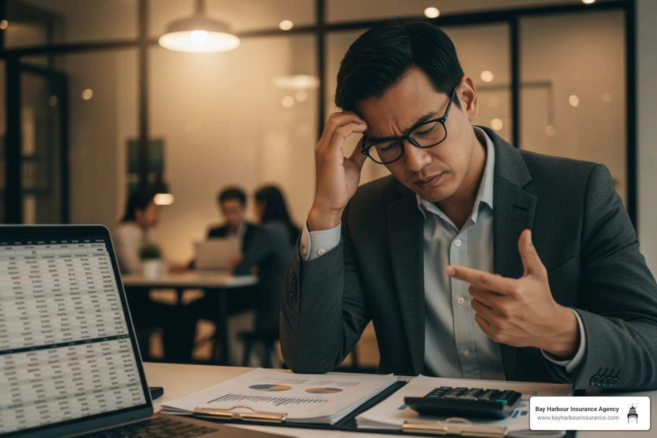 Concerned business owner reviewing tax penalty notice - Accountant E&O insurance Concerned business owner reviewing tax penalty notice - Accountant E&O insurance