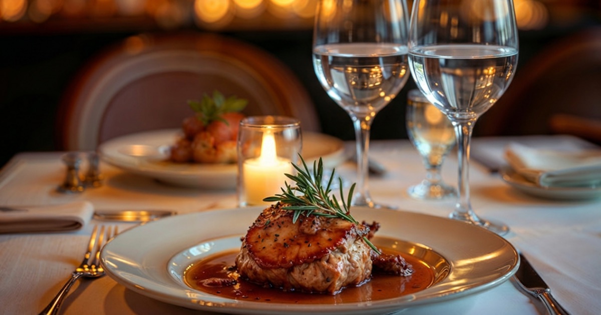 A steak plated in a restaurant, with glasses set for a sake and wine pairing.
