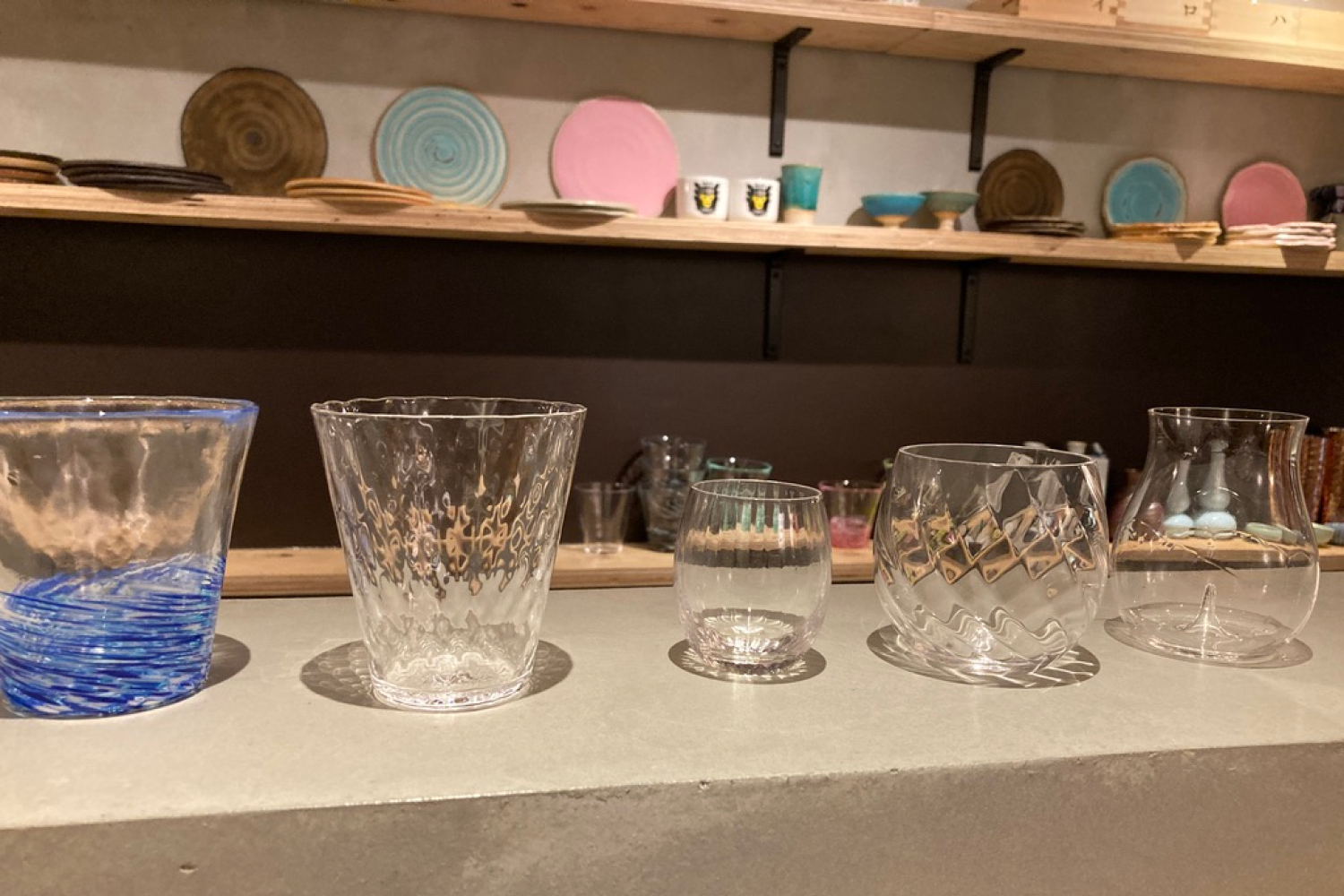 Different sake drinking glasses for cold cake