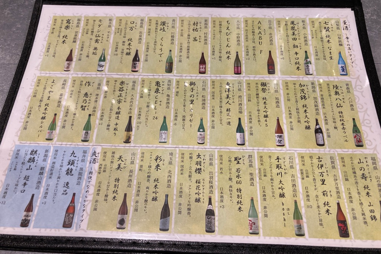 Example of a Japanese sake menu with various sake brands