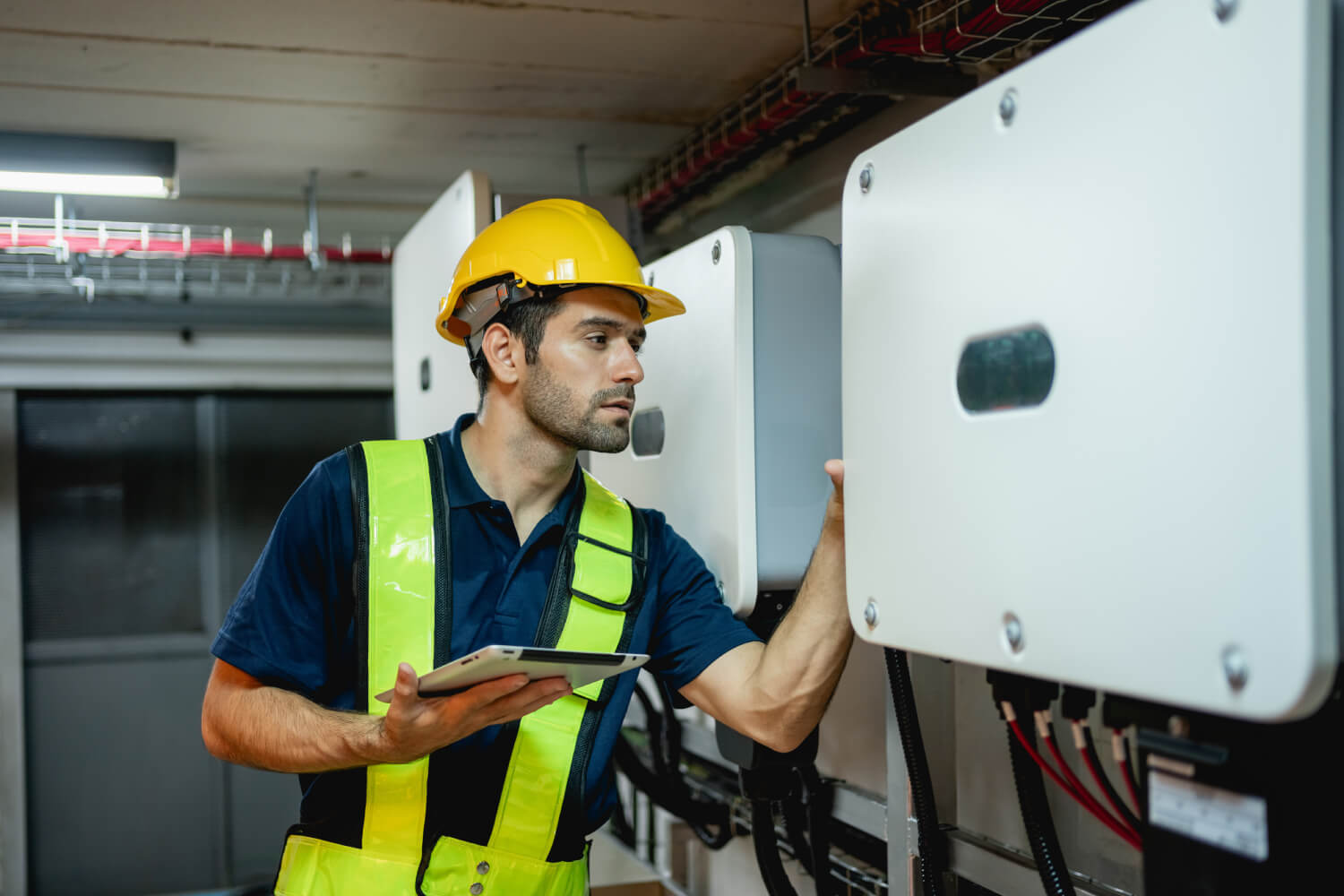 Solarteur überprüft die Funktionalität eines Stromspeichers