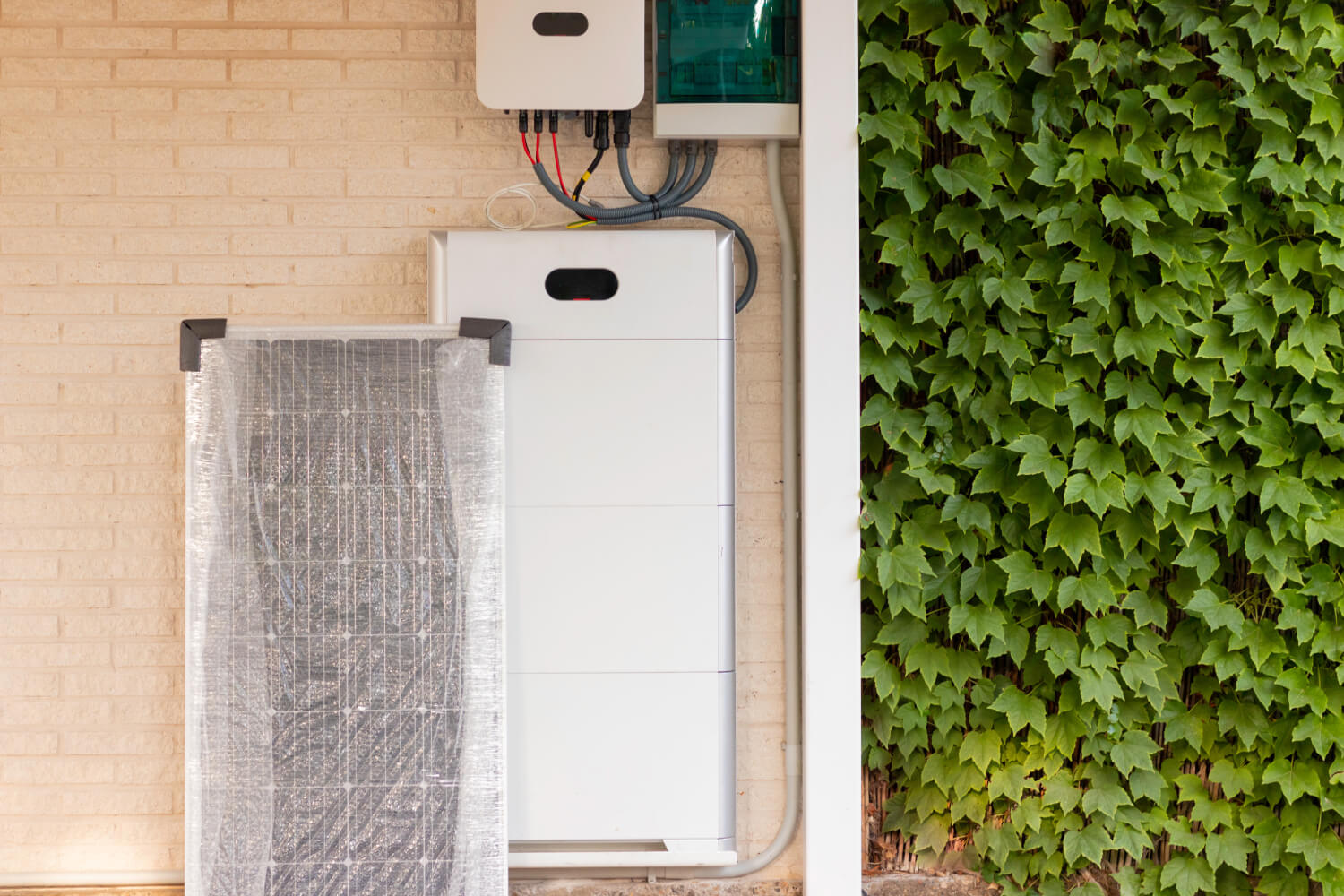 Stromspeicher an der Innenwand einer Garage mit verpacktem Solarmodul im Vordergrund