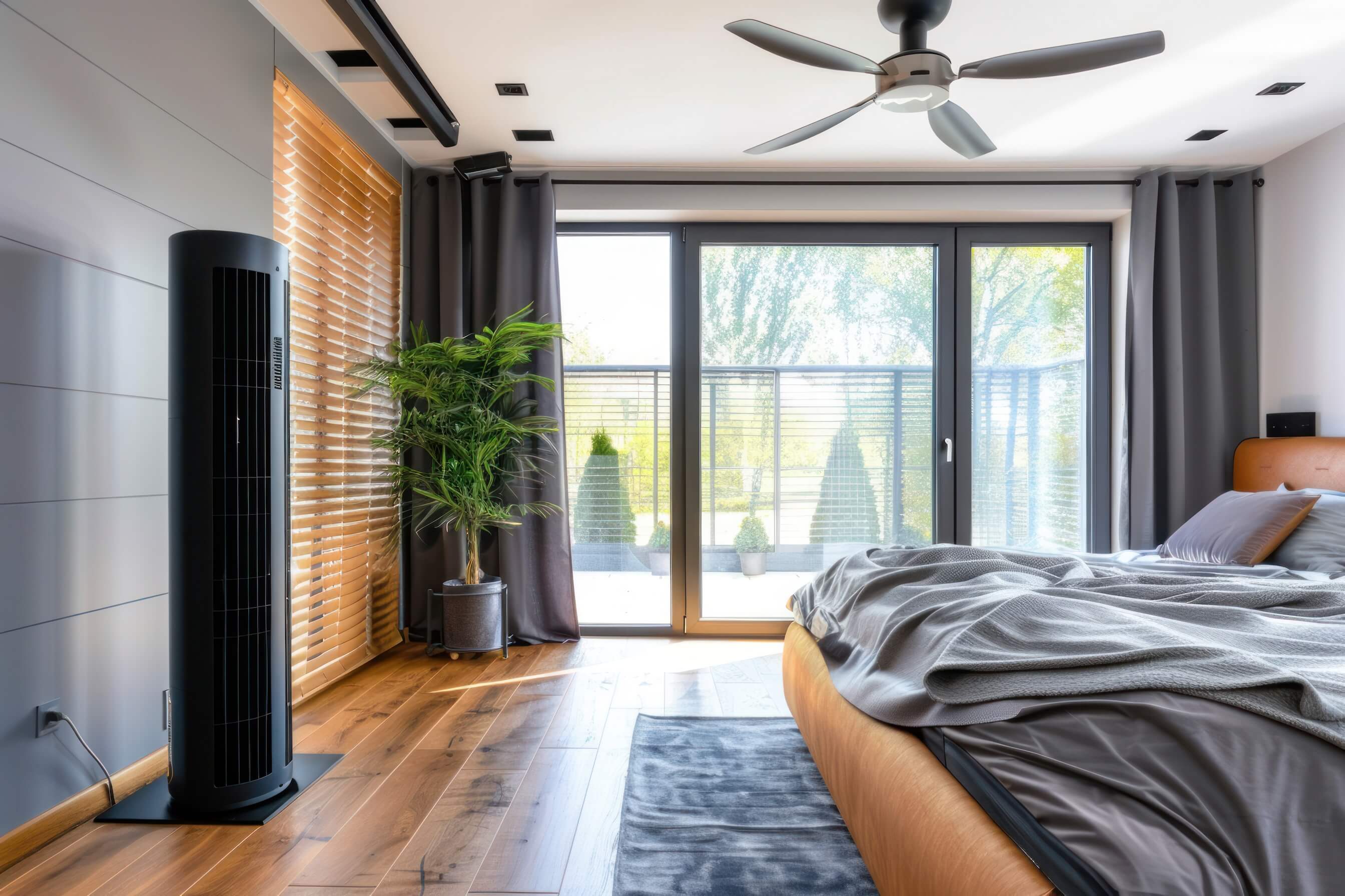 Kühlung im Schlafzimmer mit Deckenventilator und mobilem Luftkühler 