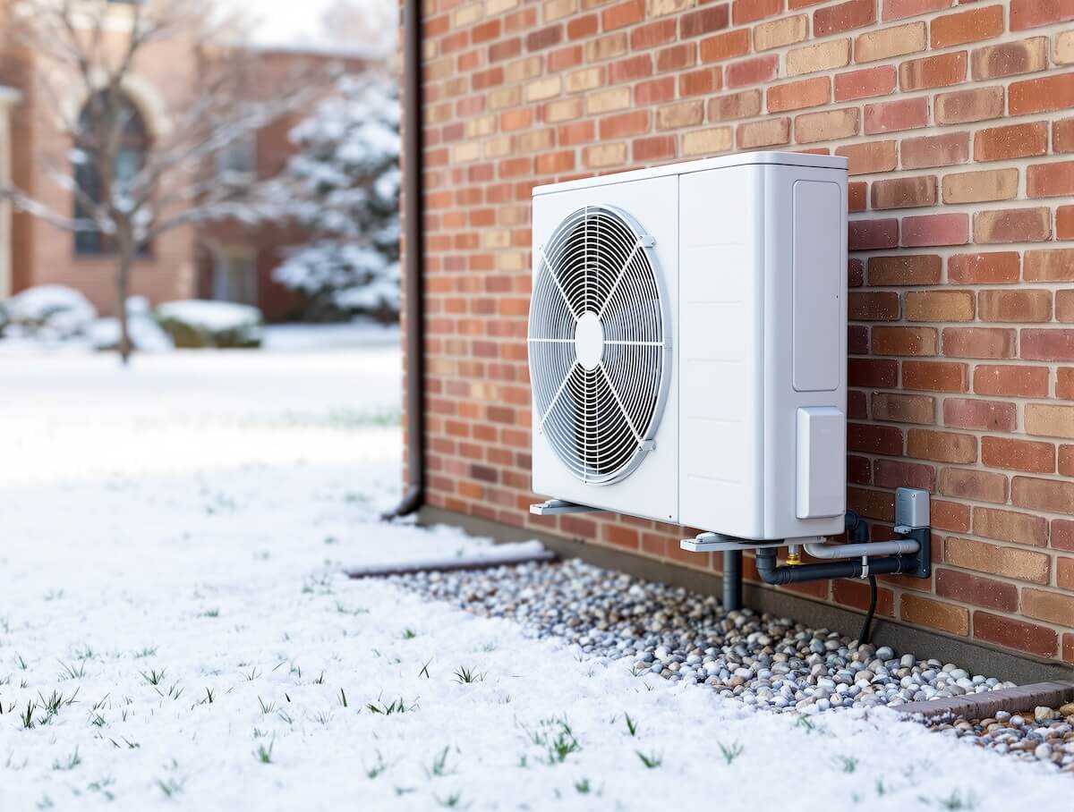 Wärmepumpe an Hauswand im verschneiten Garten