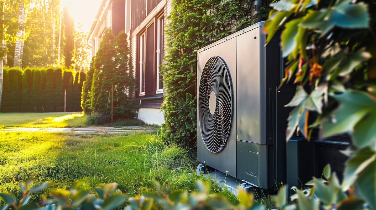 Wärmepumpe im Garten vor einem Haus