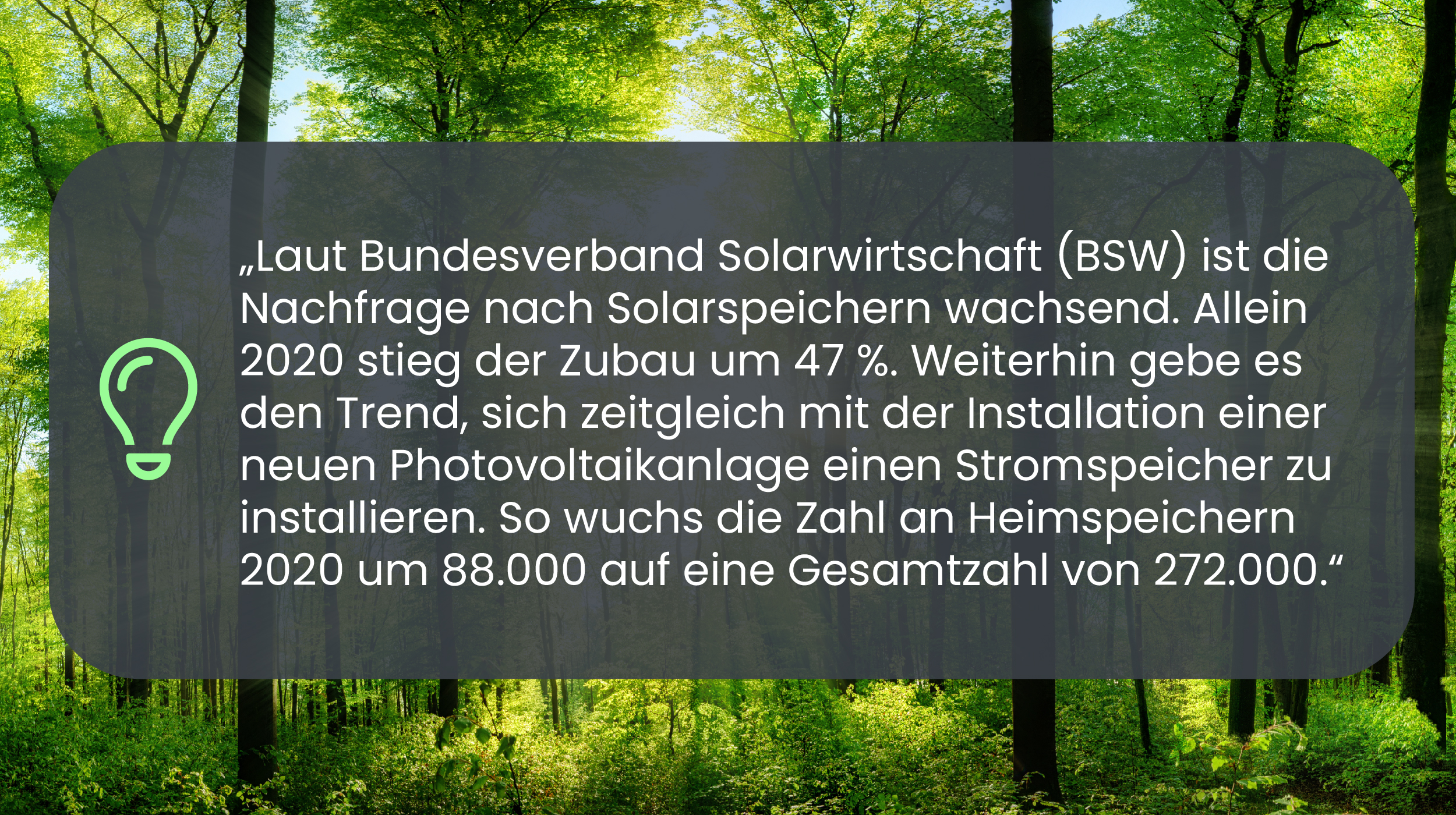 Experten-Zitat: Laut BSW ist die Nachfrage nach Solarspeichern wachsend. Allein 2020 stieg der Zubau um 47%.
