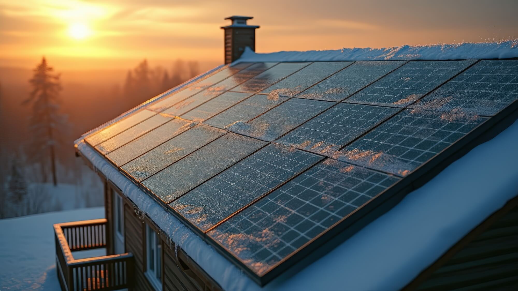 Ein schneebedecktes Haus mit Photovoltaikanlage im Winter