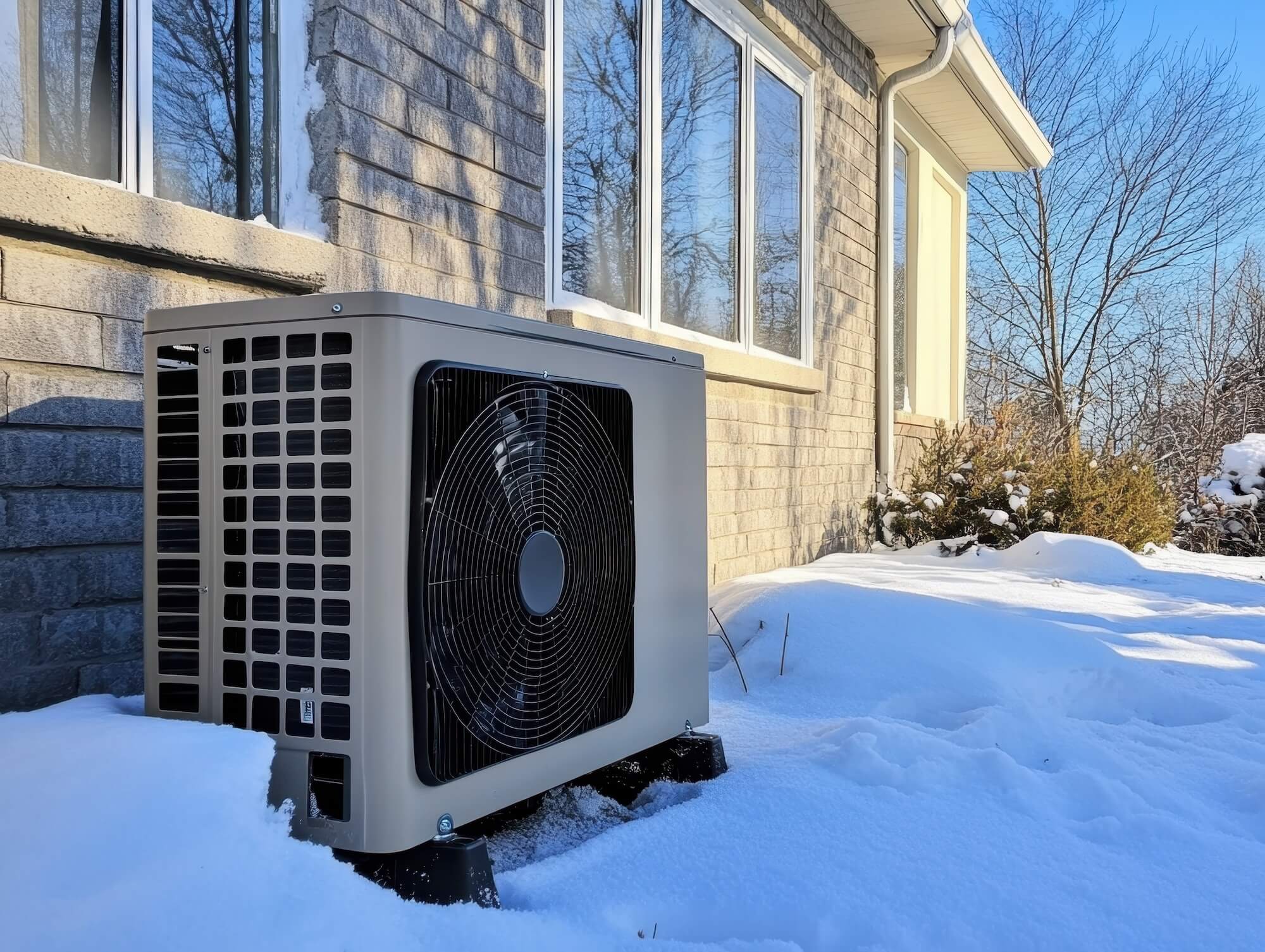 Eine Wärmepumpe steht vor einem Haus im schneebedeckten Garten.